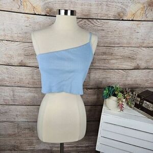 24colours Baby Blue One-Shoulder Ribbed Crop Top Women's‎ Size S Sleeveless